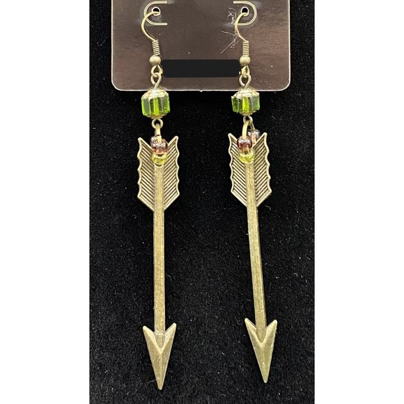 Steampunk Arrow & Green Glass Earrings by Neanie-Bot Handmade Jewelry Creations - Picture 1 of 2